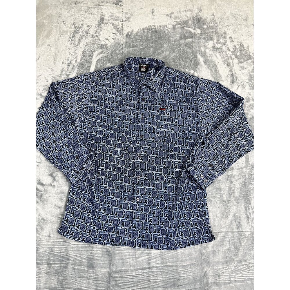 Fubu The Collection Mens XL Button-Up Shirt Blue Monogram Print 100% Polyester